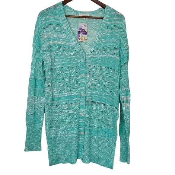 EE:SOME Womens Knit Cardigan Sweater Top Shirt Green White Button Down Size M L - Picture 1 of 12